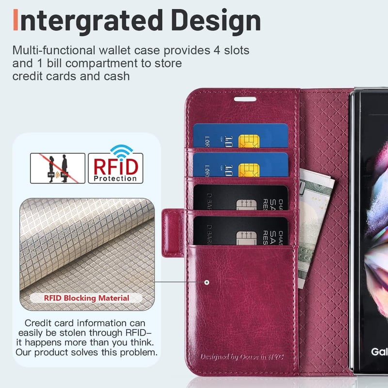 Samsung Galaxy Z Fold 4 5G OCASE bőrtok S Pen tartóval, RFID védelemmel - Burgundi
