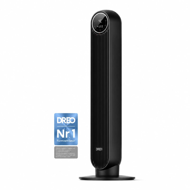Stĺpový ventilátor DREO, čierny, 8 rýchlostí, 4 režimy, rotácia 90°, LED displej, tichý chod — Chýba diaľkový ovládač (stav: viď 2. obrázok)