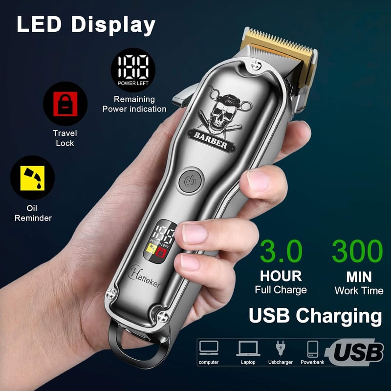Hatteker Professzionális Hajvágó és Szakállnyíró - USB Tölthető, LED Kijelzővel, 10 Vezetőfésűvel, 5 Órás Üzemidő, Rozsdamentes Acél Pengéve