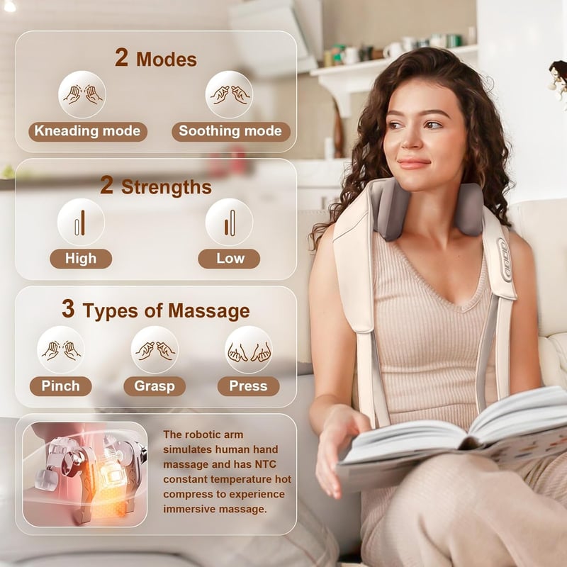 Shiatsu nyak- és vállmasszírozó melegítéssel, kézi masszázs szimuláció, 2 hordozási mód