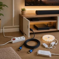 TV kutak rendező szett: 3-as elosztó 2m + 10x kábelcsatorna + 10m HDMI + 6m LED-szalag + tápegység 1