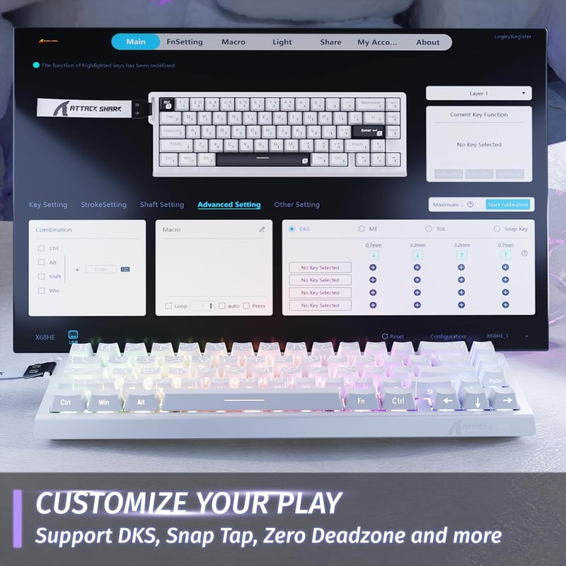 Tastatură mecanică de gaming rapidă ATTACK SHARK X68 HE 8000Hz, precizie 0.01mm, iluminare de fundal RGB, switch-uri magnetice, 60% compactă, PC/M