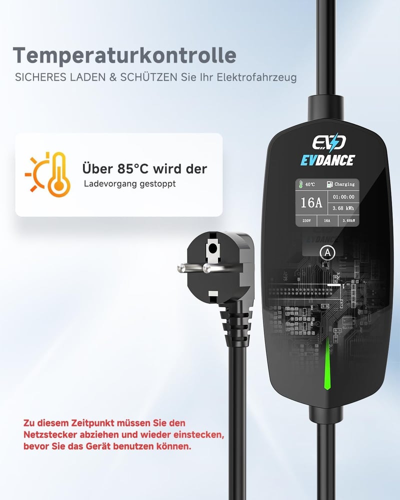 EVDANCE Type 2 Elektromos Autó Töltőkábel Schuko 3,68 kW, 6,1m, Időzíthető 0-12 Óra, 1-Fázisú, 6-16A, Elektromos és Hibrid Járművekhez