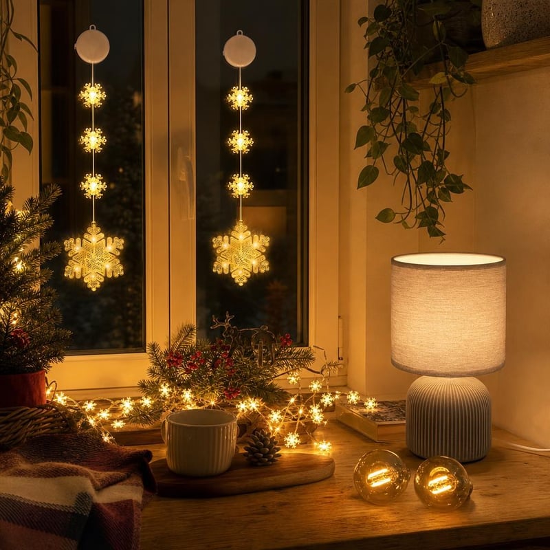 Fényes esték lámpacsomag: 2 db időzítős hópehelyfény + 6 m/40 LED fényfüzér + szövet lámpa + 2 db E27 izzó