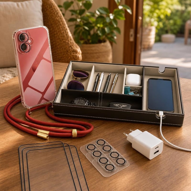 Balík pre iPhone 16 Plus: puzdro + 3x fólia na displej + 3x fólia na kameru + organizér + nabíjačka