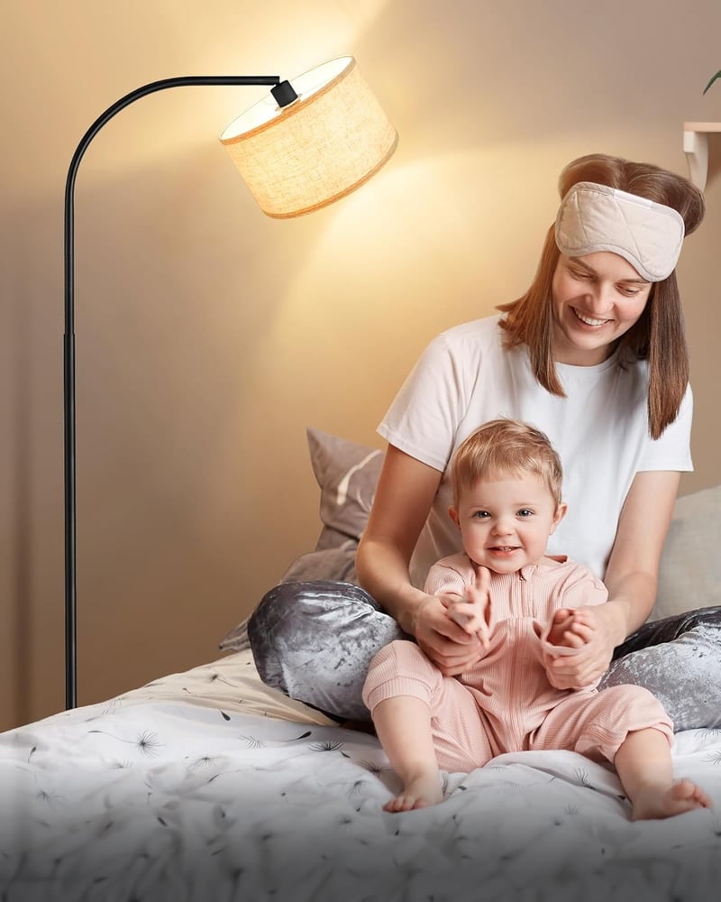 EDISHINE Állólámpa 161 cm - Fekete Ívelt Padlólámpa Állítható Bézs Lenvászon Ernyővel, Lábkapcsolóval, E27 LED Izzóval, Nappali és Hálószoba