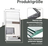 AUFHELLEN Álló Tükör 180x80 cm - Teljes Alakos Fali Tükör Fekete Fém Kerettel, HD Minőségű Üveg, Akasztókkal - Nappali, Hálószoba, Öltöző 2