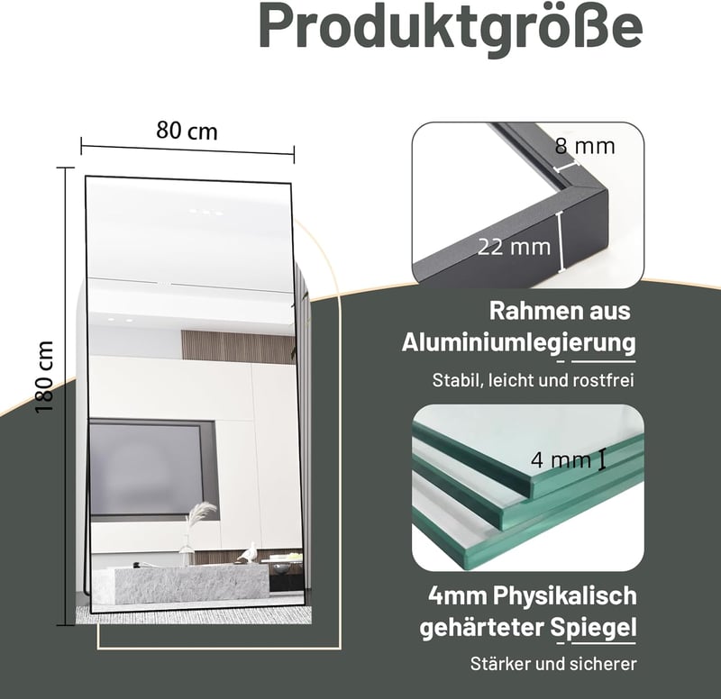 AUFHELLEN Álló Tükör 180x80 cm - Teljes Alakos Fali Tükör Fekete Fém Kerettel, HD Minőségű Üveg, Akasztókkal - Nappali, Hálószoba, Öltöző