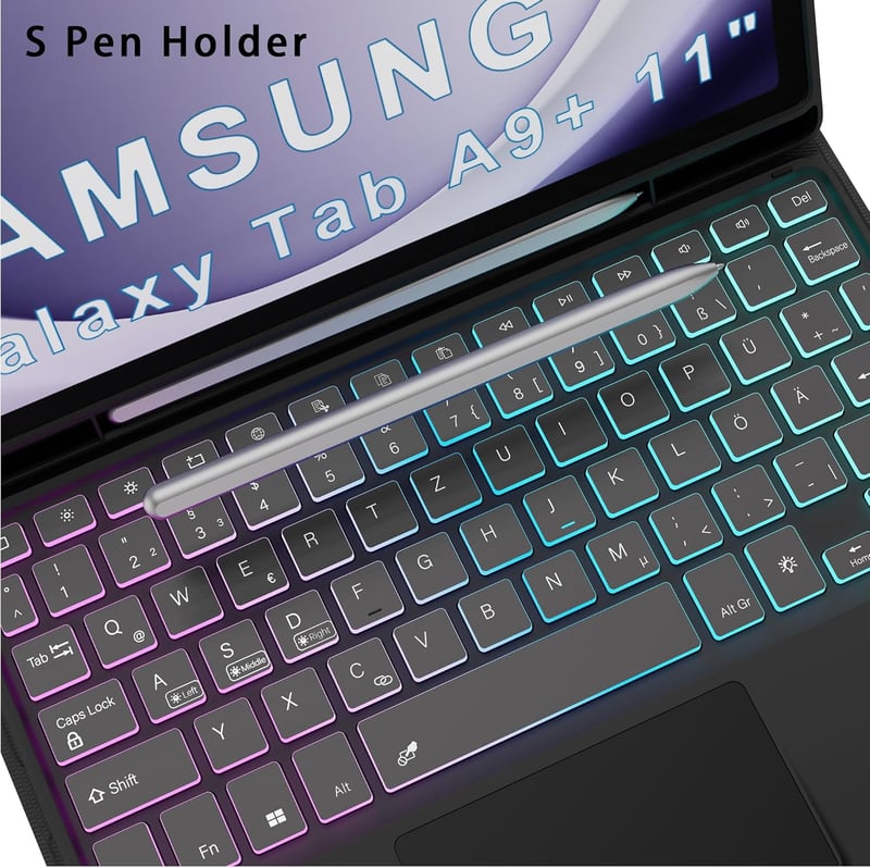 ROOFEI Samsung Galaxy Tab A9 Plus Tok QWERTZ Billentyűzettel - 7 Színű RGB Háttérvilágítás, Bluetooth, Levehető Billentyűzet Trackpaddal, 11