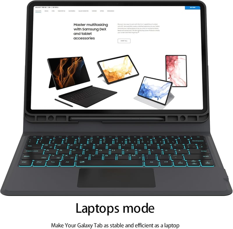 ROOFEI Billentyűzetes Tok Samsung Galaxy Tab S7 FE/S8+/S7+ 12,4" Tablethez - QWERTZ, 7 Színű Háttérvilágítás, Állvány, S Pen Tartó