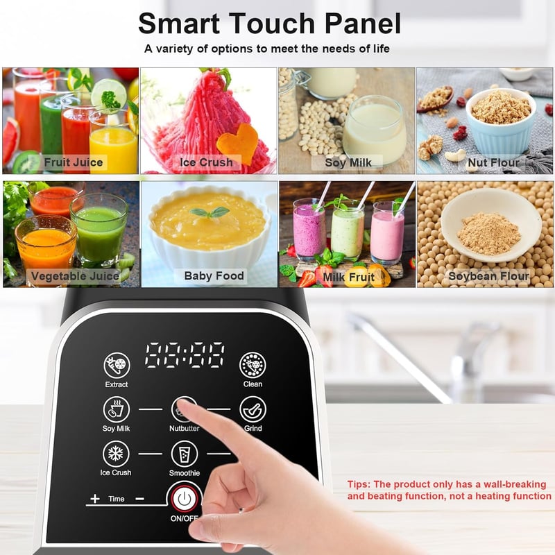 KOTLIE BS-0212 Turmixgép 2000W - 2 Literes BPA-mentes Smoothie Készítő 8 Intelligens Programmal, 6 Rozsdamentes Acél Pengével, Érintőképerny