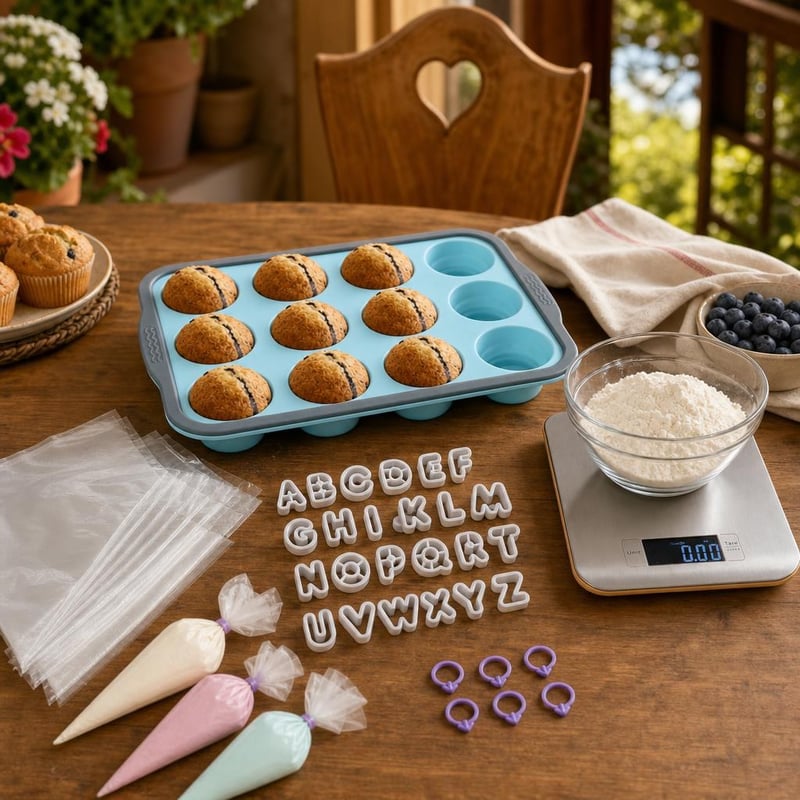 Muffinvarázs hétvége: 12 adagos forma + 100 db habzsák + 26 db betűkiszúró + konyhai mérleg