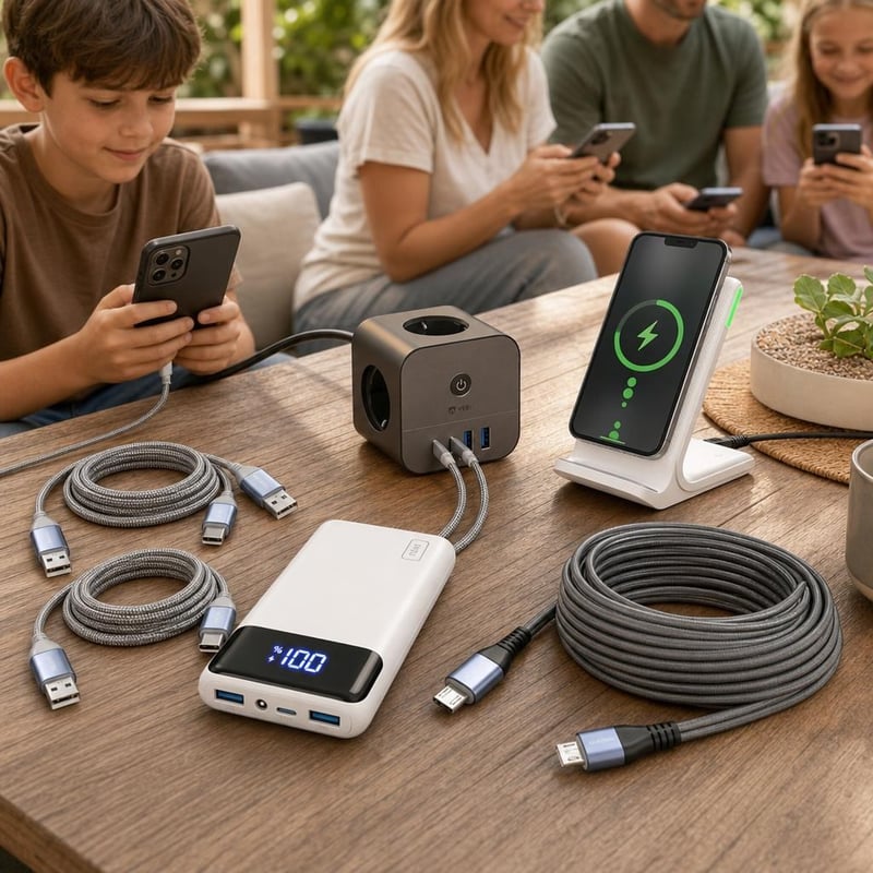 Obiteljski set za punjenje: 2× USB-C kabel + 7-portni punjač + Qi postaja + 9m Micro USB + 20000mAh powerbank