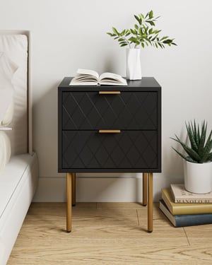 HEYZOEY Éjjeliszekrény 2 fiókkal, modern boho stílusú, fekete-arany