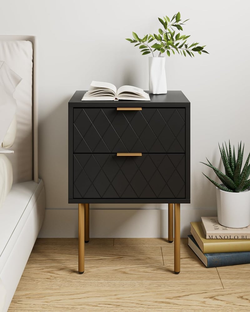 HEYZOEY Éjjeliszekrény 2 fiókkal, modern boho stílusú, fekete-arany