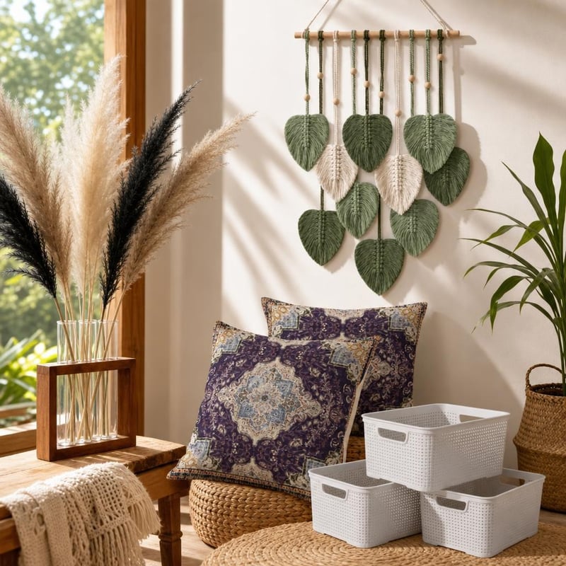Boho dekoratív set: 2x obliečka + makramé + 3x košík + 120x pampová tráva + váza