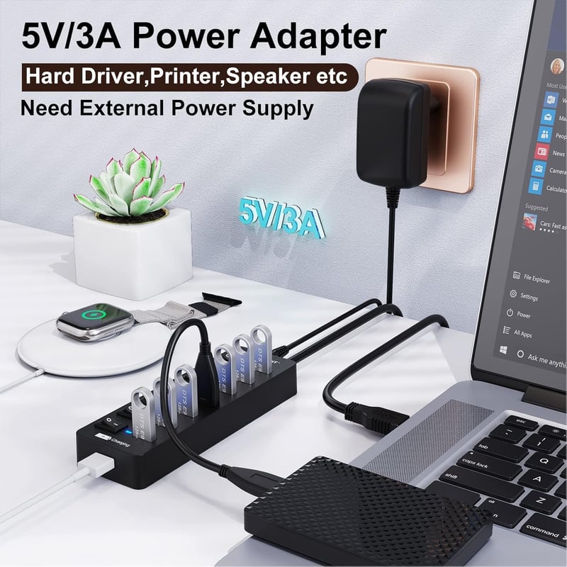 VEMONT 7 portos USB 3.0 hub aktív tápegységgel és intelligens töltőporttal