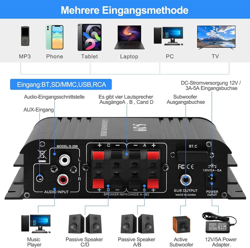 Sikkeby S-299 4.1 Bluetooth HiFi Erősítő, 40Wx4+50W RMS, 800W Max Teljesítmény, Passzív Mélynyomó Kimenet, USB/SD/AUX Csatlakozás, Otthoni H