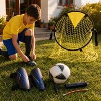 Futbalový štartovací balíček: chrániče + ponožky + mini lopta + pumpa + sieť na presnosť 1