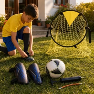 Futbalový štartovací balíček: chrániče + ponožky + mini lopta + pumpa + sieť na presnosť