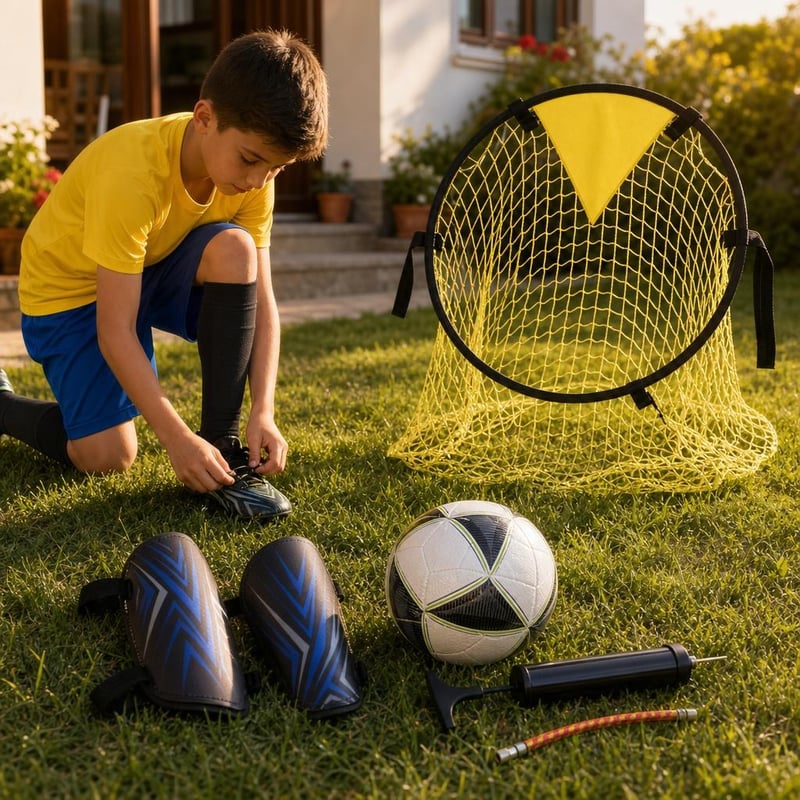 Futbalový štartovací balíček: chrániče + ponožky + mini lopta + pumpa + sieť na presnosť