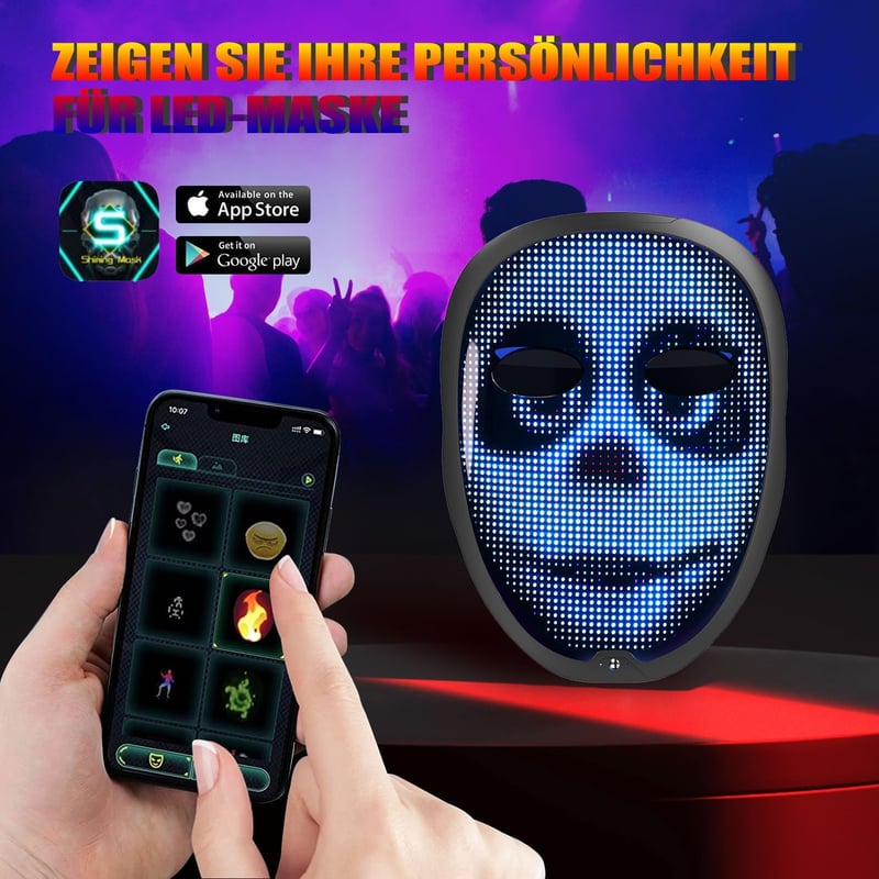 MEGOO LED Maszk Bluetooth-szal és Gesztusfelismeréssel - Programozható Világító Arcmaszk Farsangra, Halloweenre