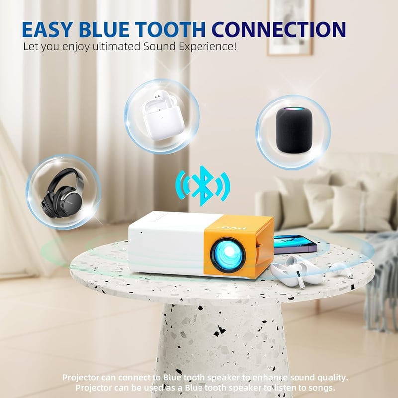 PVO Mini Projektor YG300Pro - Hordozható LED Projektor Gyerekeknek, 1080p Felbontás, 170" Vetítés, Bluetooth 5.4, Vezetékes Tükrözés, Kültér