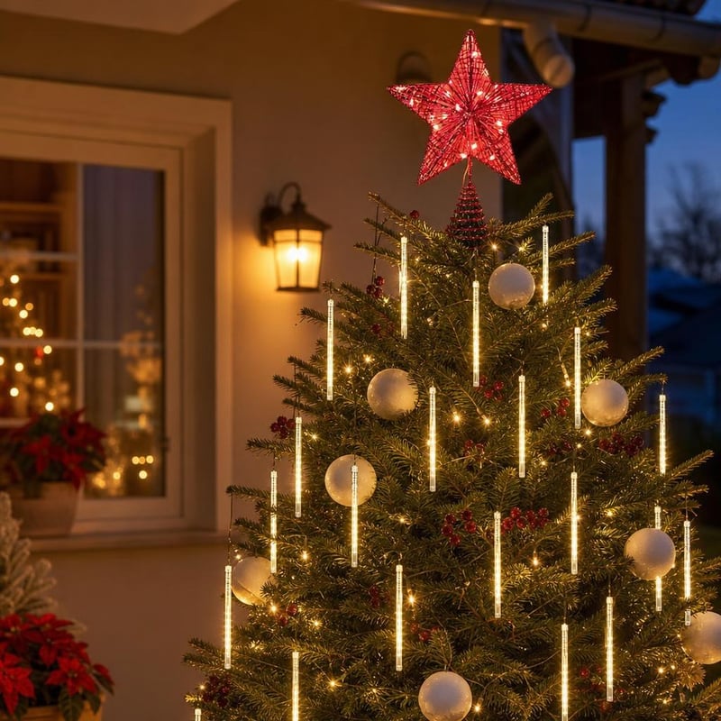 Čarolija božićnog drvca: 1x polistirenska kugla 20 cm + 1x meteor LED niz 50 cm + 1x crvena LED zvijezda