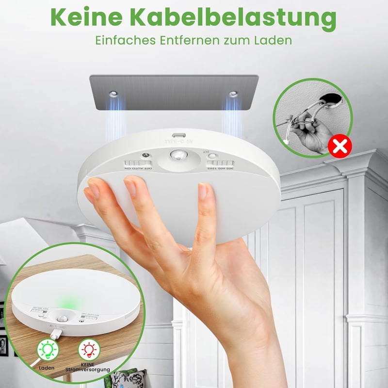 zemty Akkumulátoros Mennyezeti Lámpa Mozgásérzékelővel - 16 cm Kerek LED Lámpatest, 3 Színhőmérséklet, Tölthető, Vezeték Nélküli, Fürdőszobá