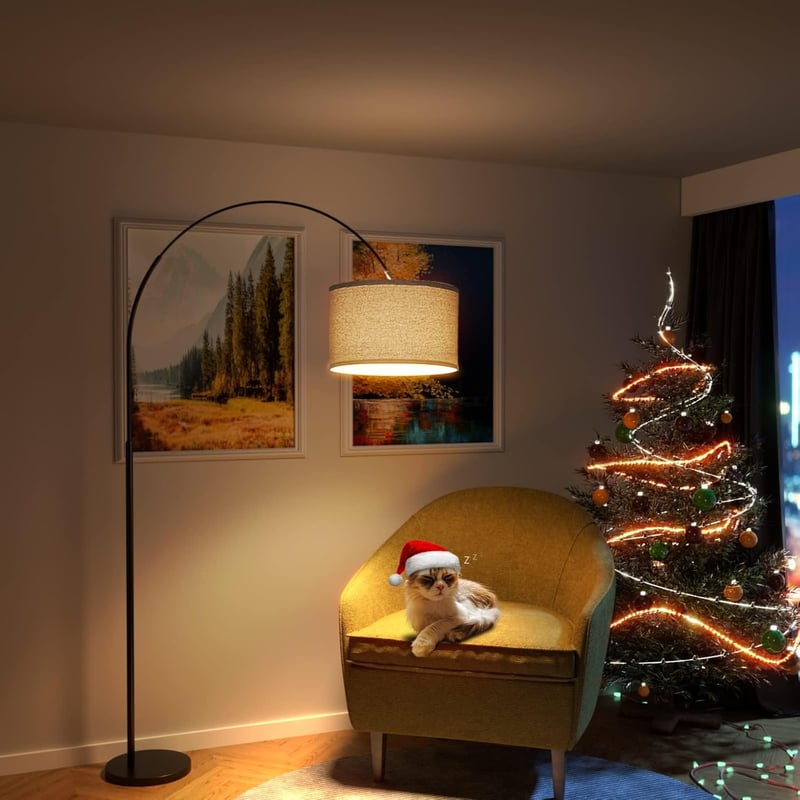 Modlicht Jasmin Ívelt Állólámpa - E27 LED 9W, 3000K Meleg Fény, 33cm Lenvászon Lámpaernyő, Bézs, 165-180cm, Nappali, Hálószoba, Iroda