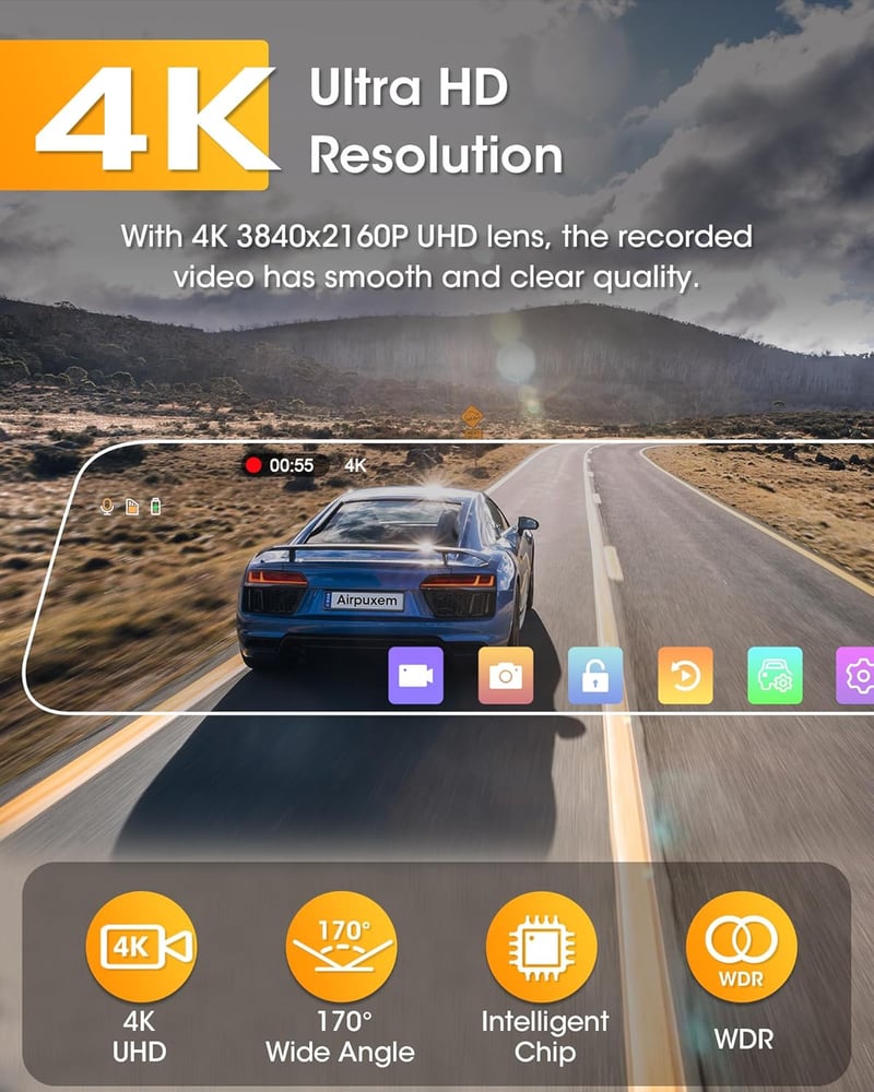 4K WiFi Tolatókamera Tükör - 10" IPS Érintőképernyős Menetrögzítő Kamera Első-Hátsó Kamerával, 64GB SD Kártyával, Parkolási Asszisztenssel, 