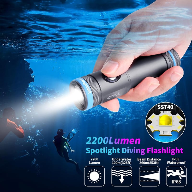 LetonPower Tynny-13se Búvárlámpa 2200 Lumen, 6 Üzemmód, IP68 Vízálló, Alumínium Ház, USB-C Töltés, Merüléshez és Búvárkodáshoz, Akkumulátorr