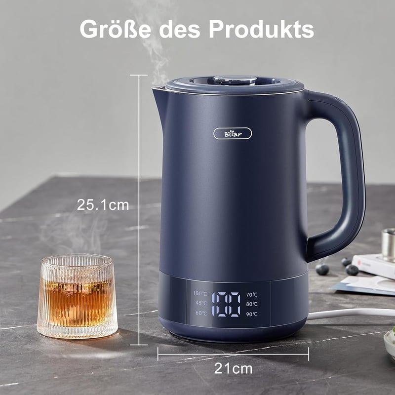 Bear 1,7L-es rozsdamentes acél vízforraló 6 hőfokbeállítással és érintőpanellel