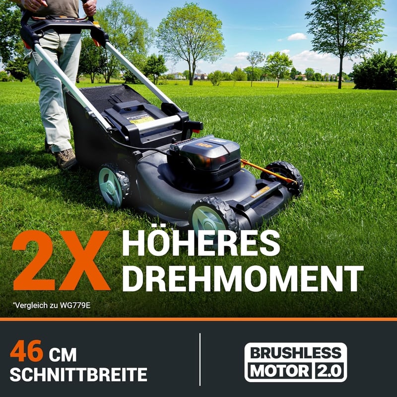 WORX WG749E PowerShare Akkumulátoros Fűnyíró 40V Kerékhajtással, Erős Kefementes Motorral, 46cm Vágásszélességgel, 7 Vágásmagassággal
