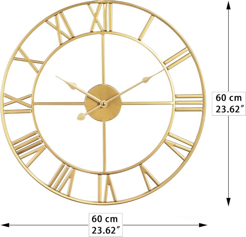 HAITANG Vintage Fém Falióra - 60 cm, Fekete, Római Számokkal, Csendes Működés, Nappali, Hálószoba, Konyha Dekoráció
