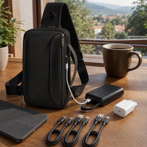 Útközbeni töltőmentő: vízálló mellcsomag + 10000 mAh power bank + 35 W töltő + 4 db kábel