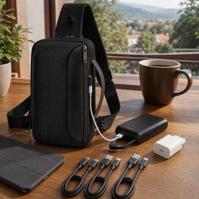 Útközbeni töltőmentő: vízálló mellcsomag + 10000 mAh power bank + 35 W töltő + 4 db kábel