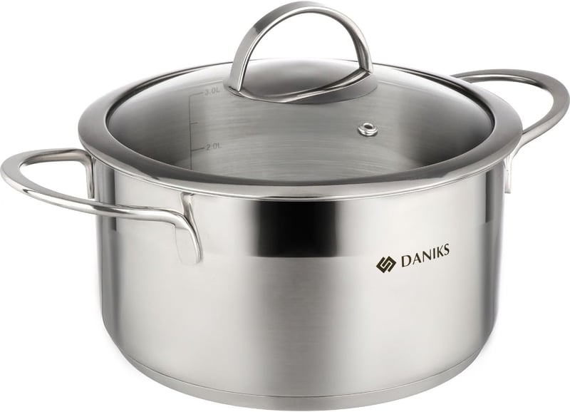 Daniks Bonn rozsdamentes acél főzőedény 3,4L űrtartalommal, indukciós tűzhelyre, mérőskálával, üvegfedővel, 20 cm, ezüst