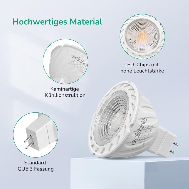 EDISHINE GU5.3 LED Spotlámpa, 12V MR16, 5W (50W helyett), 2700K Meleg Fehér, 400 Lumen, 38° Szórási Szög, Energiatakarékos, 6 darabos csomag
