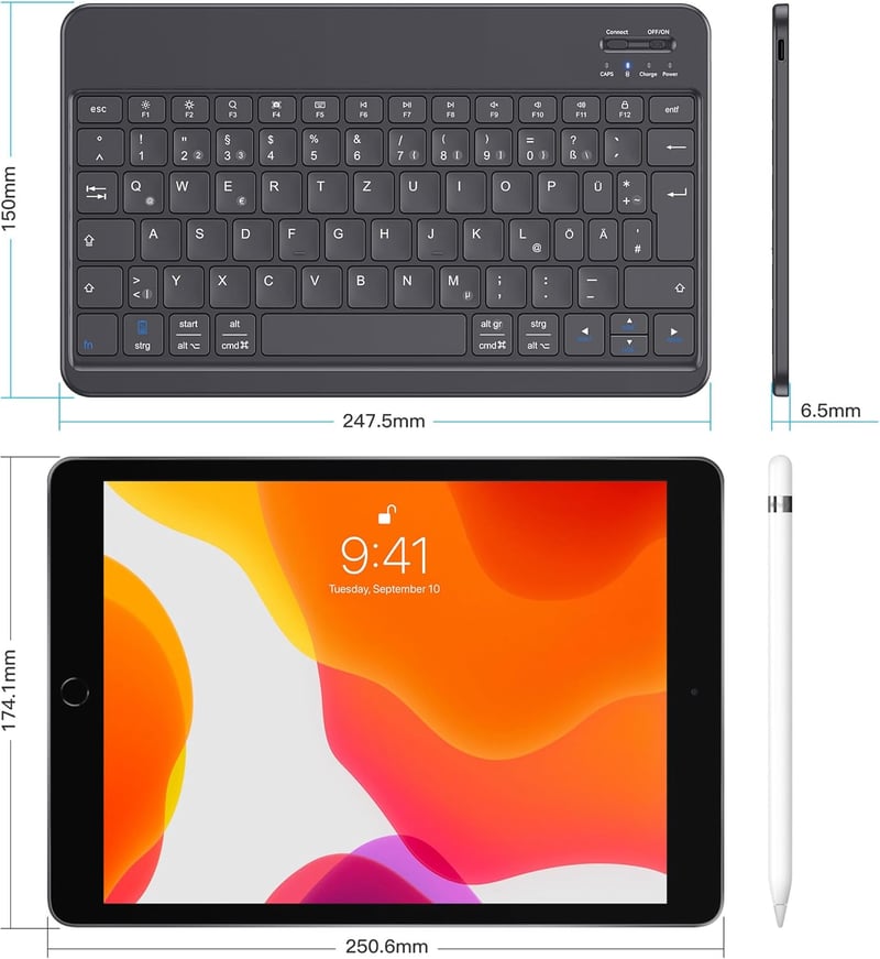 Emetok Német QWERTZ Bluetooth Billentyűzet iPad/iPhone/Android Készülékekhez, Nagyobb Billentyűkkel, Újratölthető, Ultravékony, Fekete