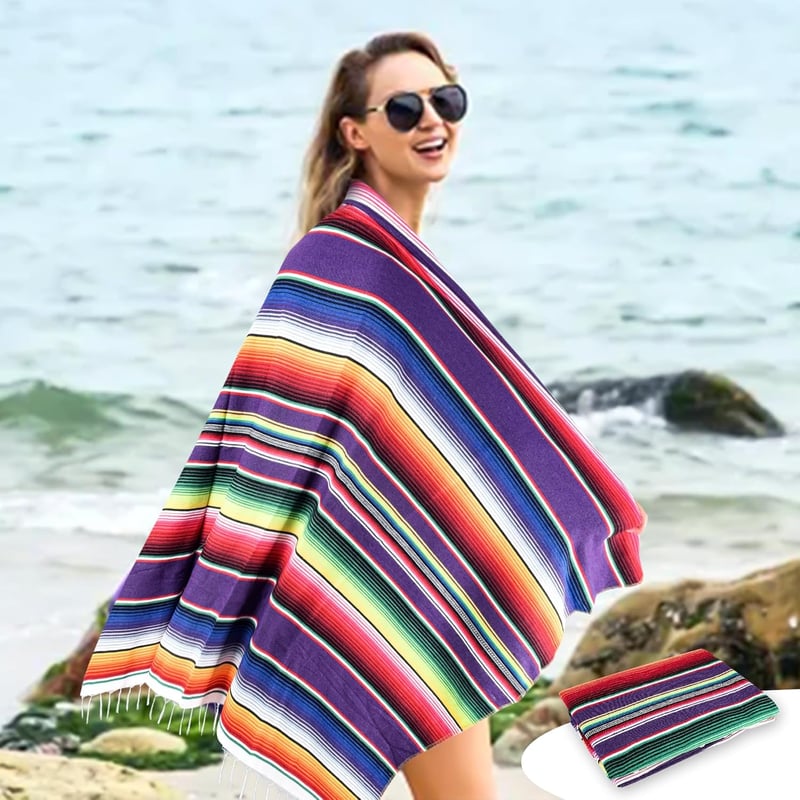 Happysnow Mexikói Pamut Asztalterítő - Lila Csíkos Többfunkciós Takaró Esküvői Dekorációhoz, Jóga Alátétnek, 150 x 200 cm, Kézzel Mosható