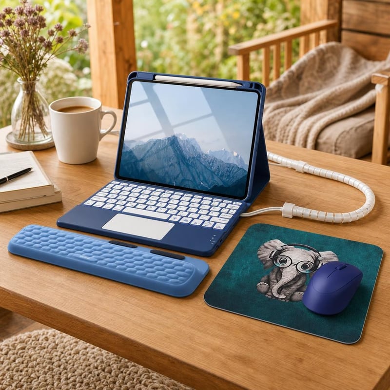 Uredski set: tihi miš + tipkovnica za iPad Air + podloga + oslonac za zglob + organizator kabela 2m