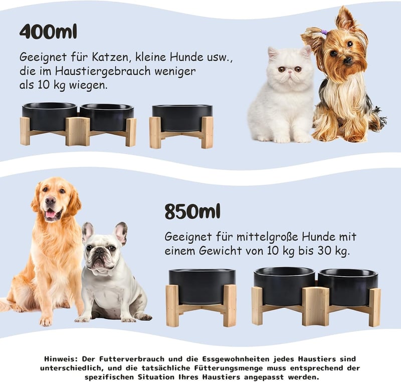 SPUNKYJUNKY 15° Dőlésszögű Kerámia Etetőtál Fa Állvánnyal - 2x400ml Fekete Kutyatál Lapos Arcú Kisállatoknak, Csúszásmentes