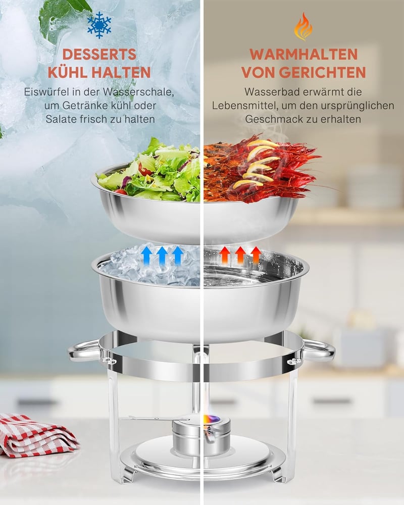 Wilprep 5,5 L Rozsdamentes Acél Ételmelegítő Szett 2 db - Kerek Chafing Dish Üvegfedővel, Ételtároló Edény Éttermeknek, Büféknek, Rendezvény