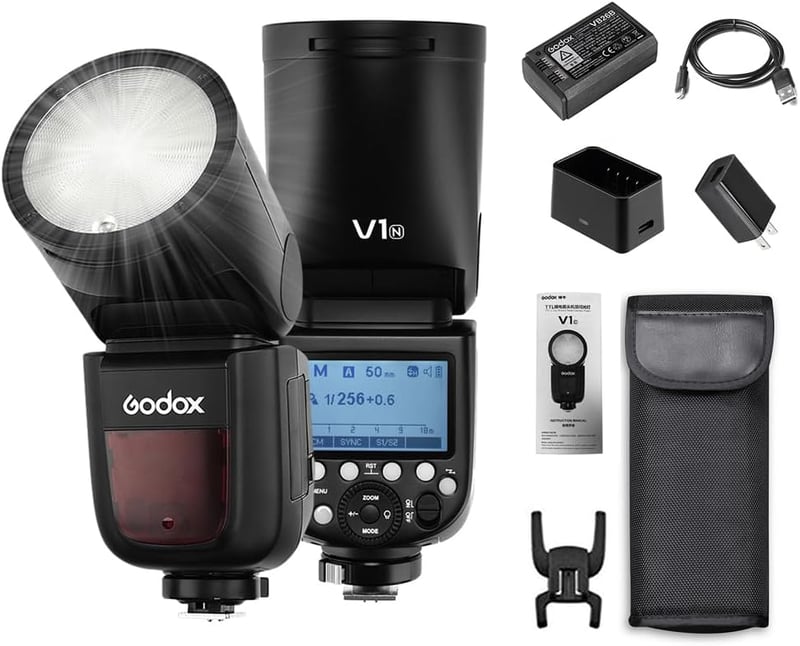 Godox V1N Professzionális Vaku Kerek Fejjel - 2.4G Vezeték Nélküli Fresnel Zoom Vakupapucs - Nikon D5300 D750 D850 D7100 Z7 Fényképezőgépekh