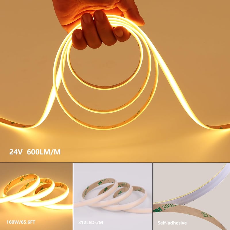 BENLUN 24V COB LED Szalag 20m, 3000K Meleg Fehér, IP65 Vízálló Szilikon, Kültéri-Beltéri Világítás, 11W/M, CRI93, Tápegységgel, Lakásdekorác