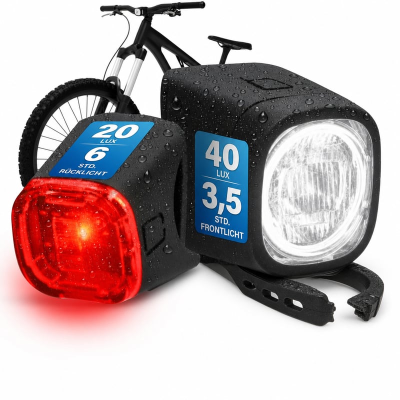 Fischer Square set svjetala za bicikl 90 lm, 40/20 Lux — neispravno, djelomično radi: potrgan remen, bez USB kabela (stanje: vidi 2. sliku)