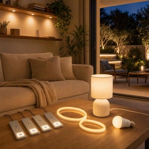 Esti nappali lámpacsomag: 3 db spotlámpa + 2 m LED-szalag + asztali lámpa + dimmelhető E27 izzó