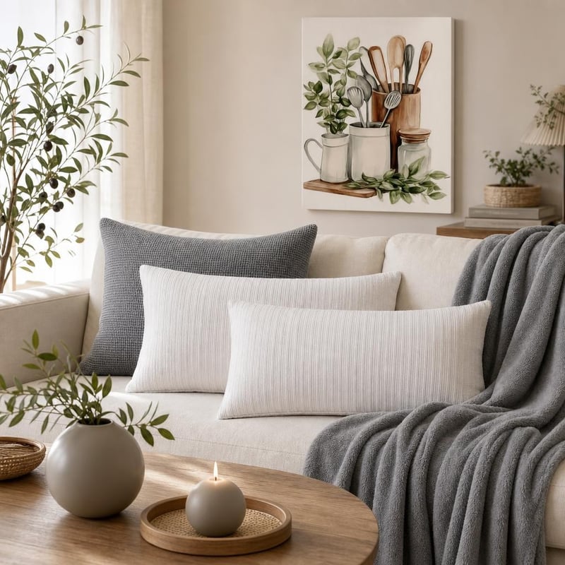 Boho set do obývačky: 2x obliečka + 150x200 cm deka + váza + 30x40 cm obraz + vonná sviečka