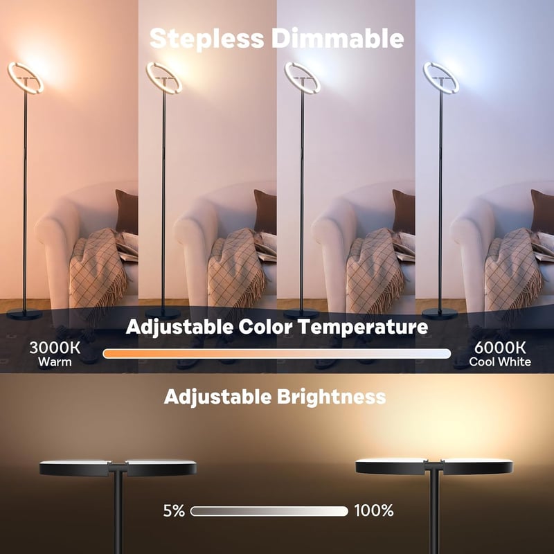 SIBRILLE RGB Állólámpa 20W - Távirányítós LED Padlólámpa 1300lm, 3000K-6000K, Érintésvezérelt, Színváltós Olvasólámpa Nappaliba, Hálószobába